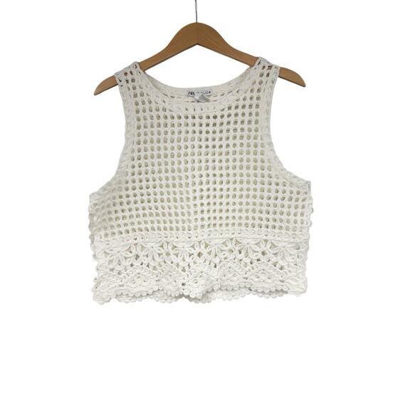 Zara Cream Beach Crochet Sweater Tank Cotton Coastal Grandma Womens Small - Picture 1 of 7